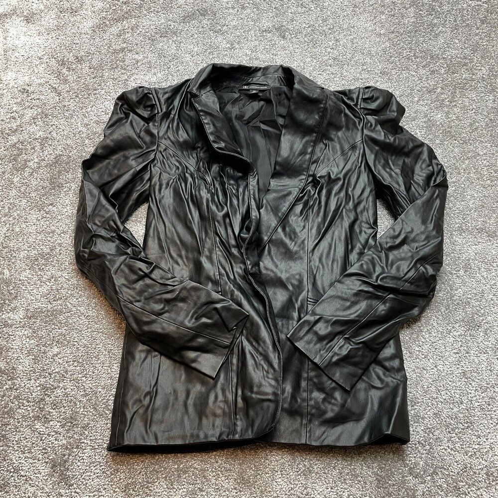 INC International Concepts Faux Leather Jacket Womens XS Black Power Shoulder
